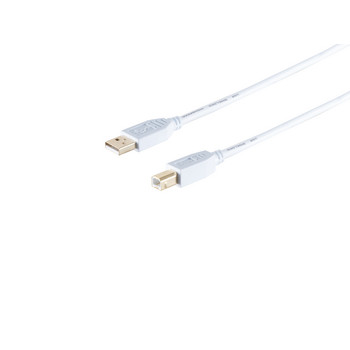 USB-A Adapterkabel, USB-B, 2.0, gold, weiß, 5m